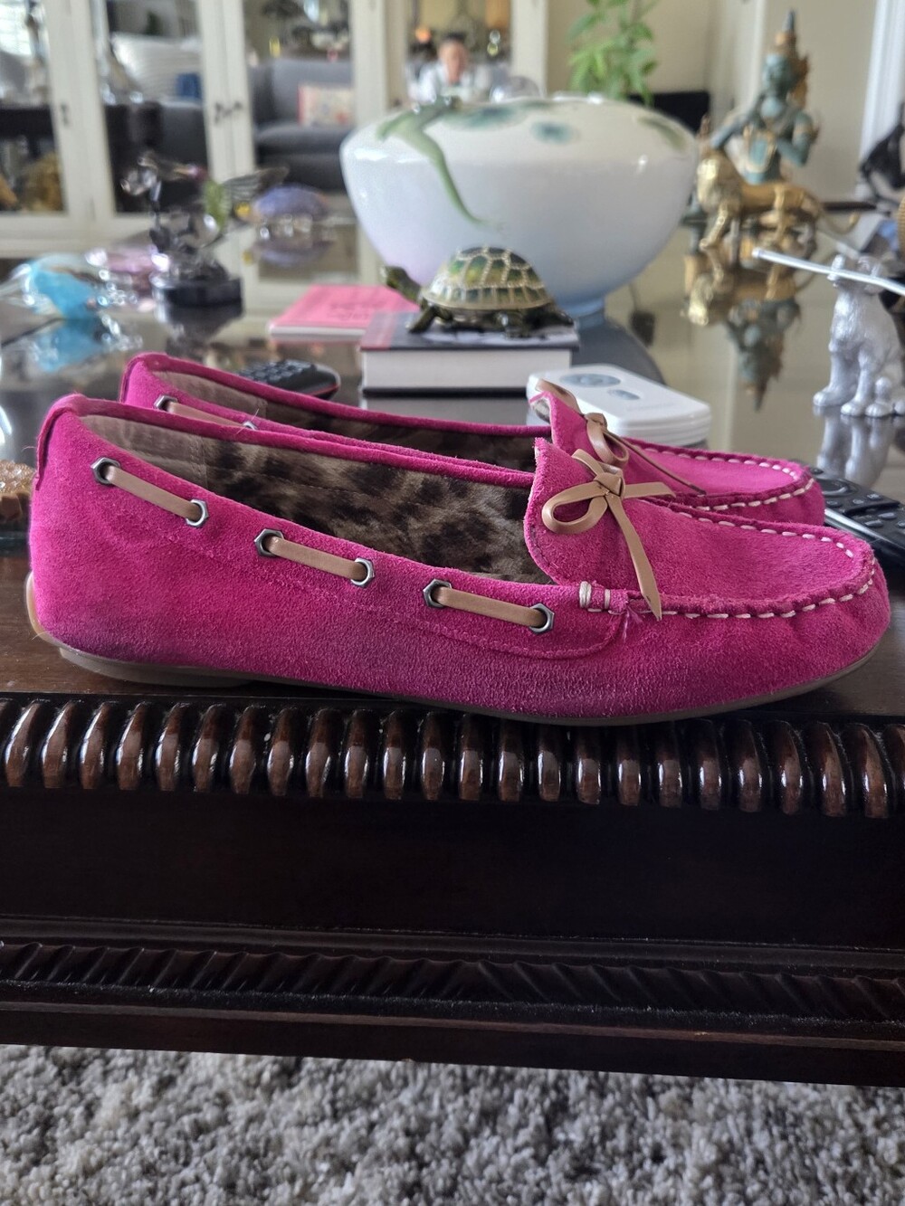 Sam Edelman Hot Pink Suede Moccasins with Leopard Lining and Bow